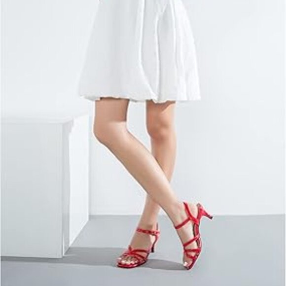Women's Low Kitten Strappy Sandals Ankle Strap Square Open Toe Shoes - Picture 5 of 5